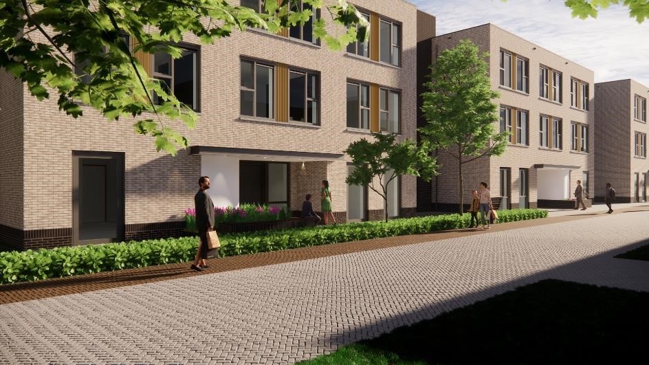 Digitale tekening van een straat met appartementengebouwen. 